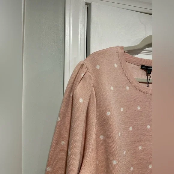 NWT Adrianna Papell Size 3X Pink White Polka Dot Knit Puff Sleeve Crew Sweater - Picture 5 of 12